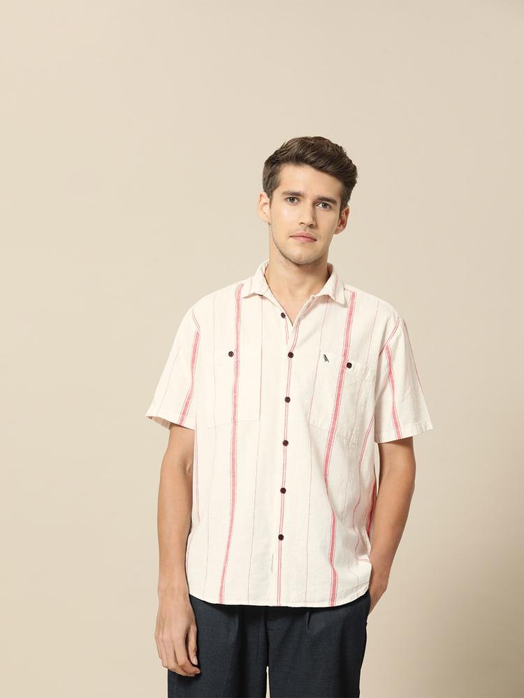 Mr Bowerbird Men Beige & Pink Striped Casual Shirt