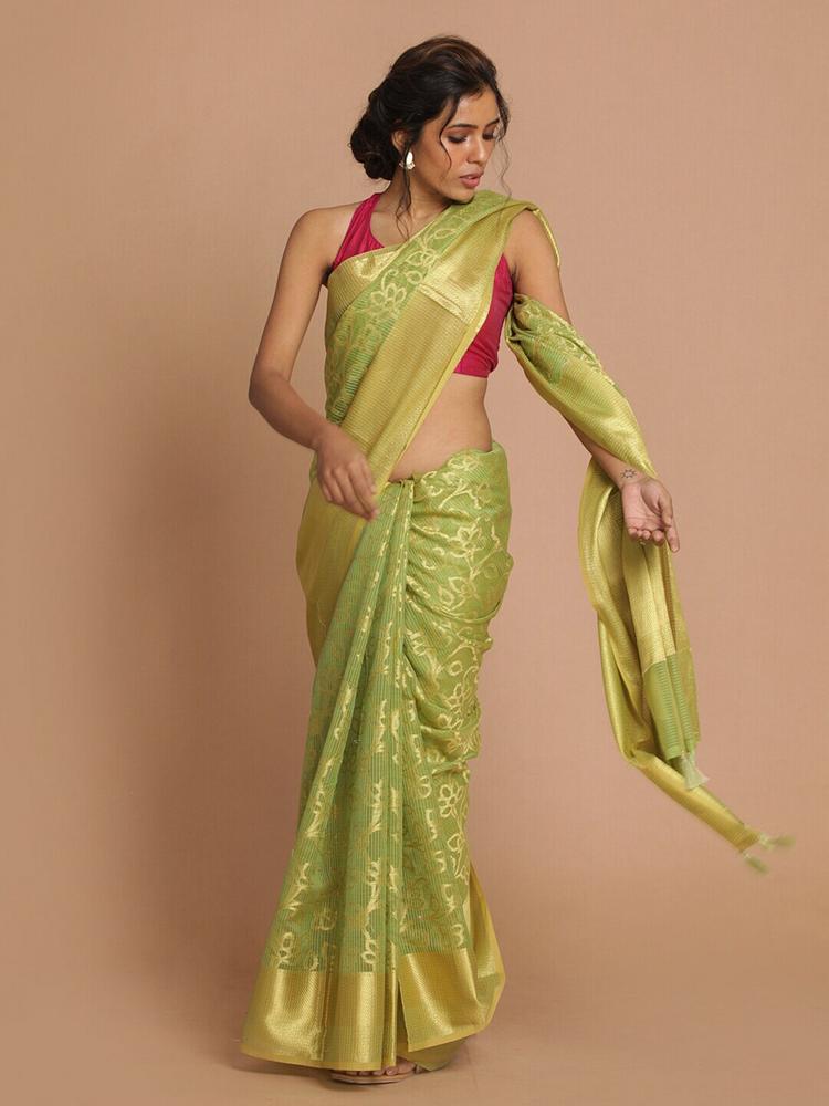 Indethnic Green & Gold-Toned Floral Zari Banarasi Saree