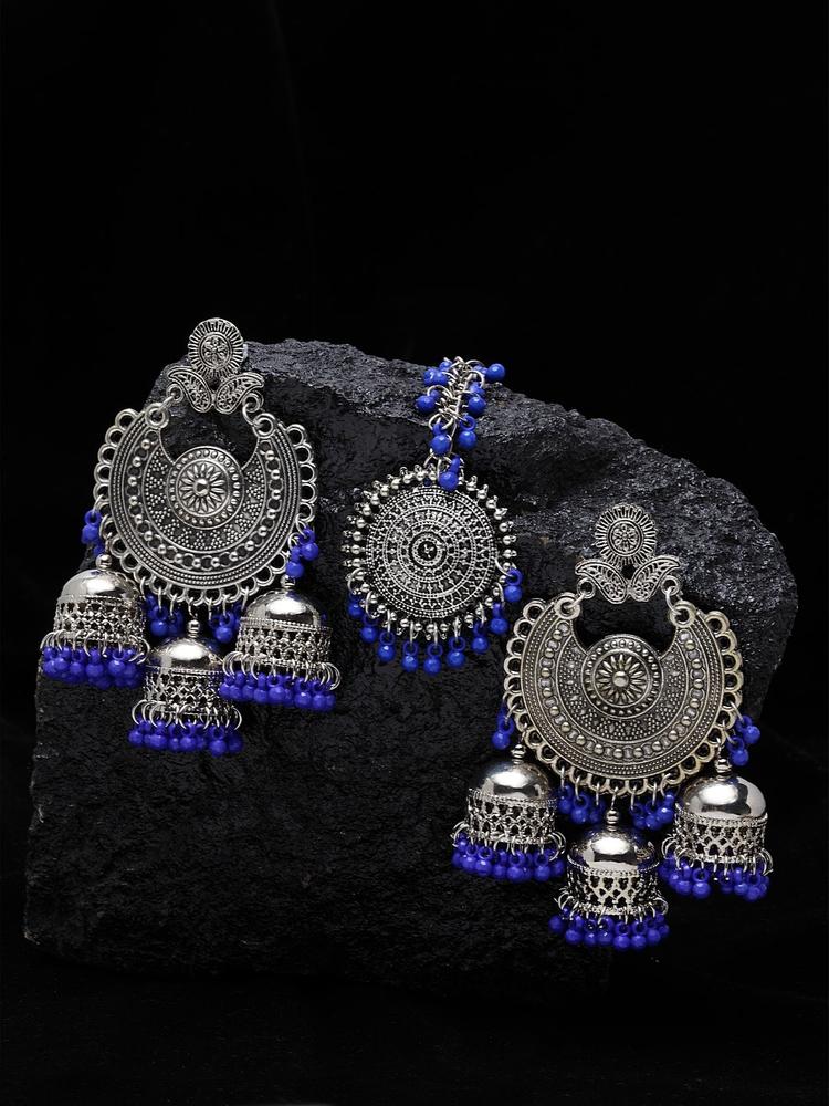 Shining Diva Silver Plated & Blue Oxidised Beaded Jewellery Set