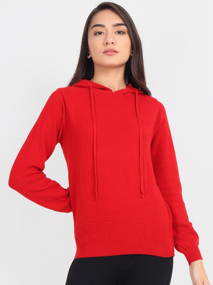 JoE Hazel Women Red Hooded Pure Cotton Sweatshirt