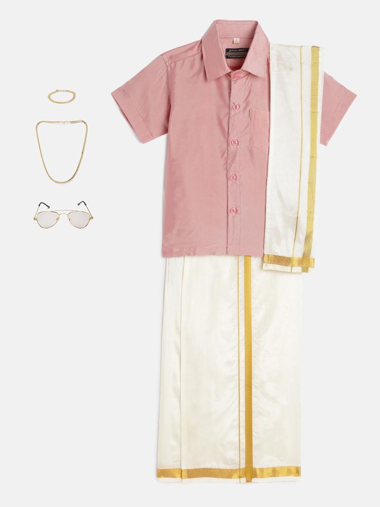 THANGAMAGAN Boys Pink & Cream-Coloured Solid Shirt with Dhoti Pants & Freebies Set