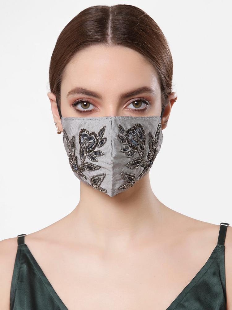 Anekaant Women Grey & Blue Faux Silk Embellished Fabric Reusable 3-Ply Mask