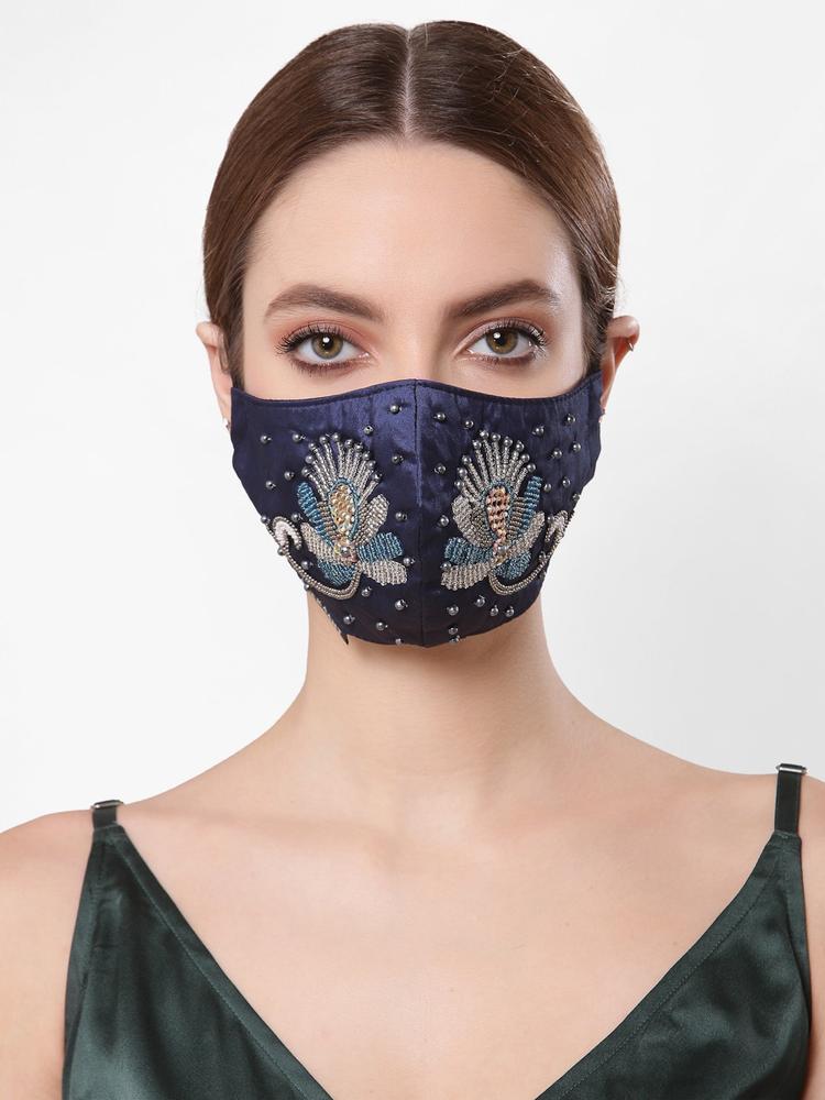 Anekaant Women 3-Ply Navy Blue & Silver Faux Silk Embellished Fabric Fashion Mask