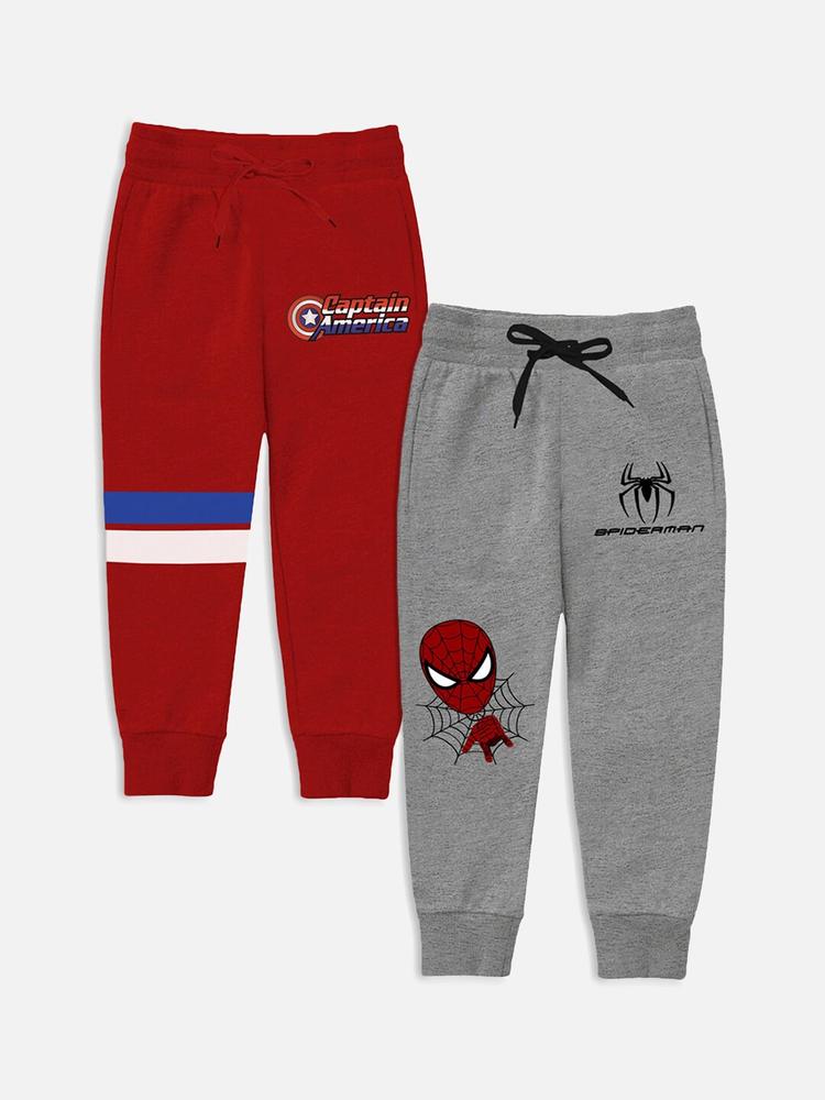 YK Marvel Boys Pack of 2 Red & Grey Cotton Printed Track Pants