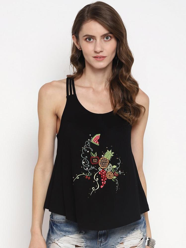Taurus Black Floral Embroidered Top