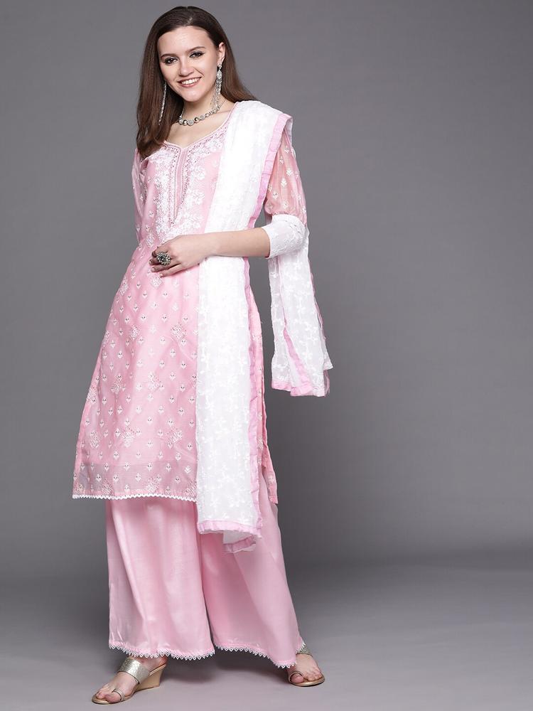 Chhabra 555 Pink & White Foil Chikankari Made to Measure Kurta Sharara Dupatta