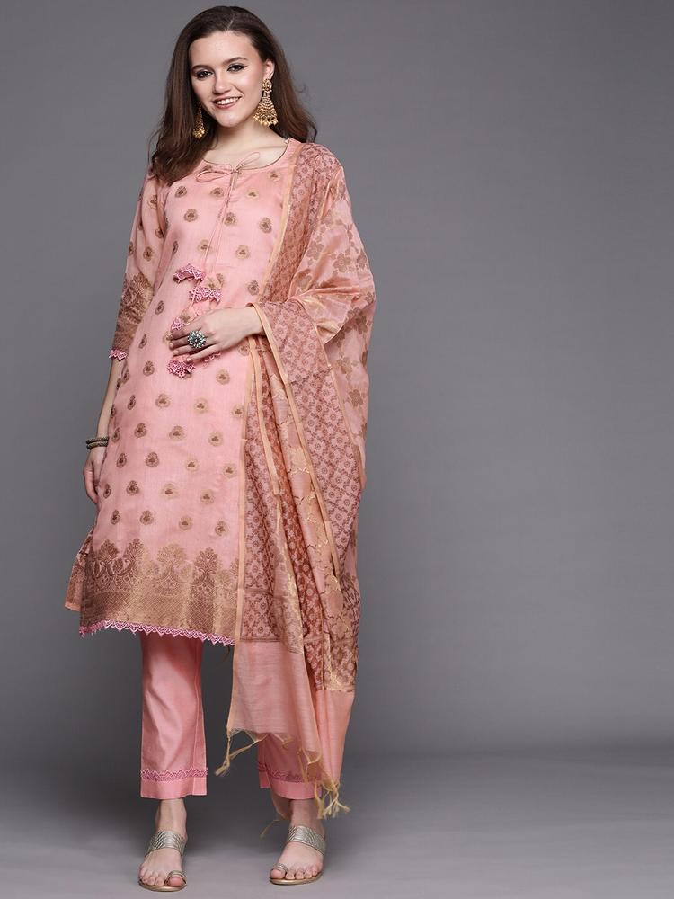 Chhabra 555 Women Peach-Coloured & Brown Banarasi Weave Handloom Made To Measure Kurta Set
