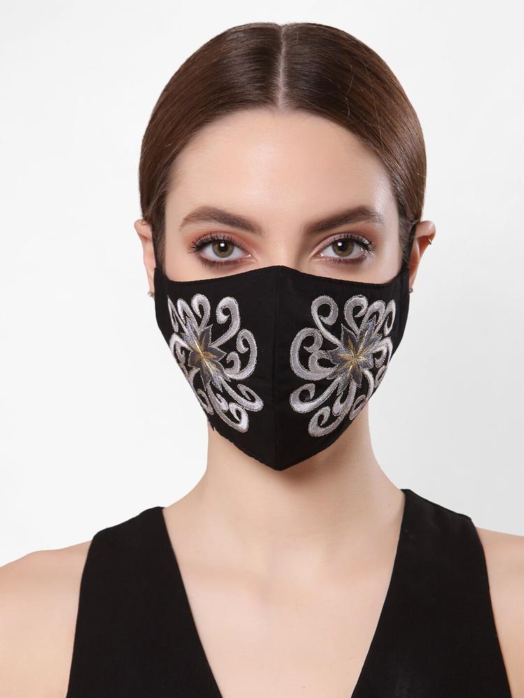 Anekaant Women Black & Silver Embroidered Cotton 3-Ply Reusable Cloth Mask