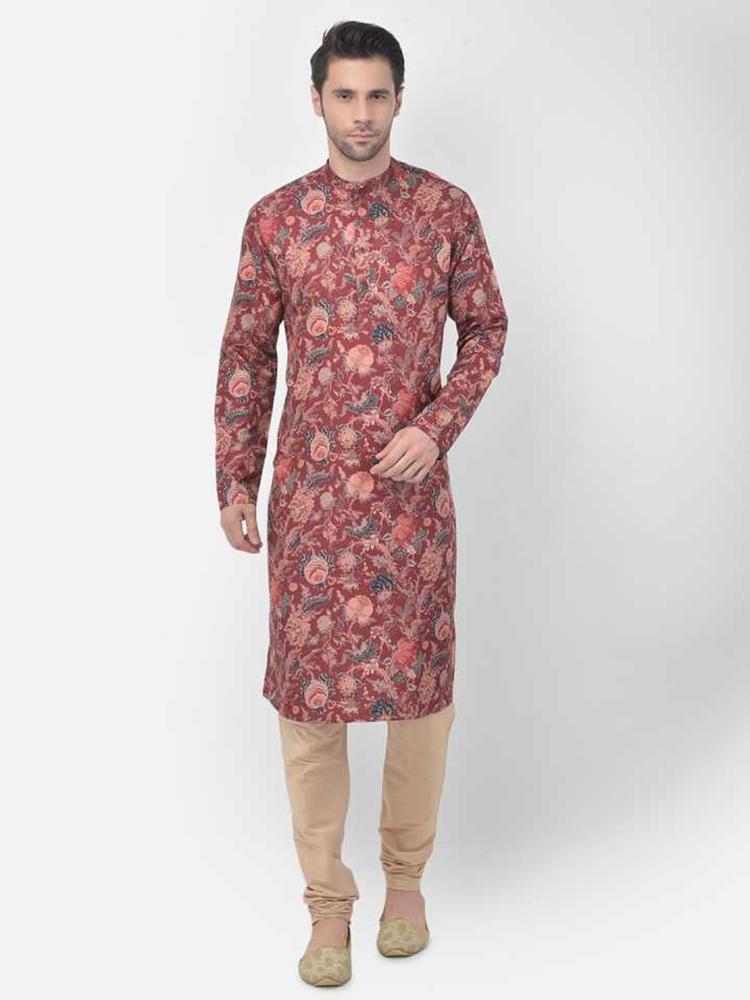 TABARD Men Maroon Floral Printed Pure Cotton Kurta with Pyjamas