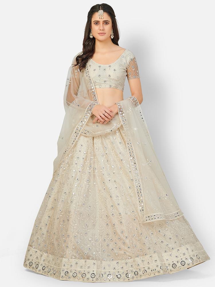 SHOPGARB Off White & Silver-Toned Embroidered Semi-Stitched Lehenga & Unstitched Blouse