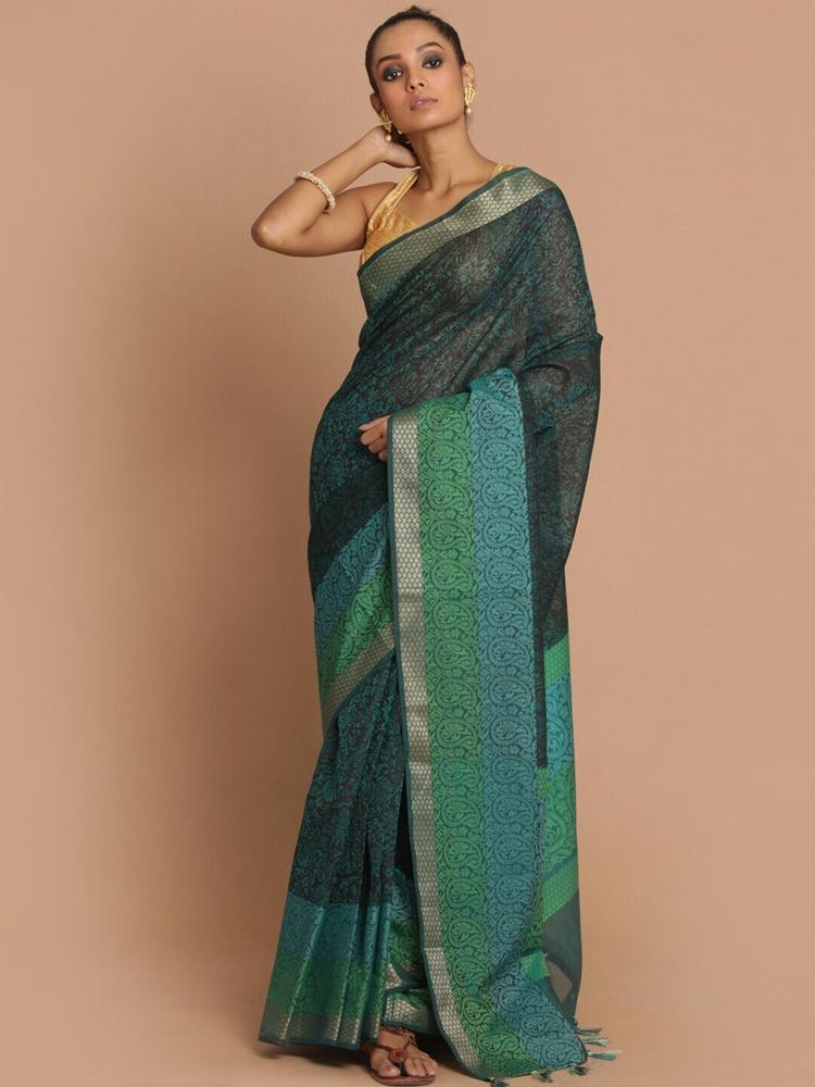 Indethnic Green & Blue Paisley Zari Banarasi Saree