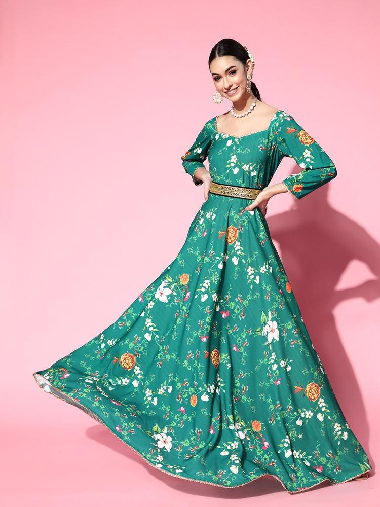Inddus Women Gorgeous Green Floral Belted Dress