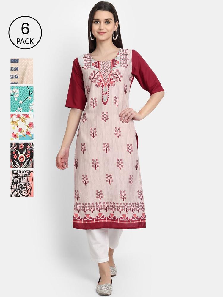 1 Stop Fashion Women Multicoloured & peach blush Ethnic Motifs Printed Thread Work Crepe Kurta