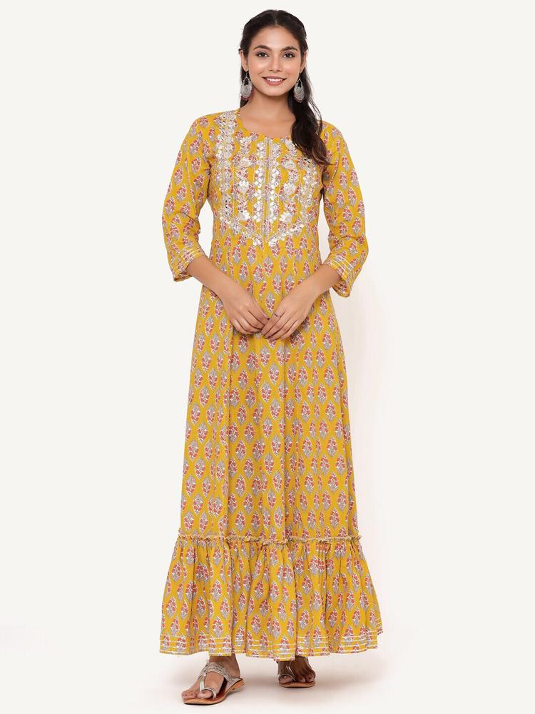 ANAISA Mustard Yellow Ethnic Motifs Gota Patti Ethnic Maxi Dress
