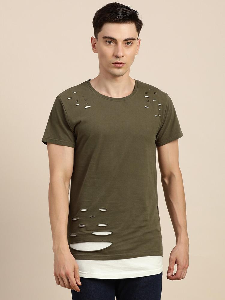 Difference of Opinion Men Olive Green & White Pure Cotton Ripped Longline T-shirt