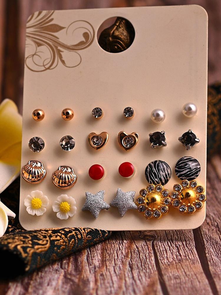 Jewelz Gold-Toned Set Of 12 Contemporary Studs Earrings