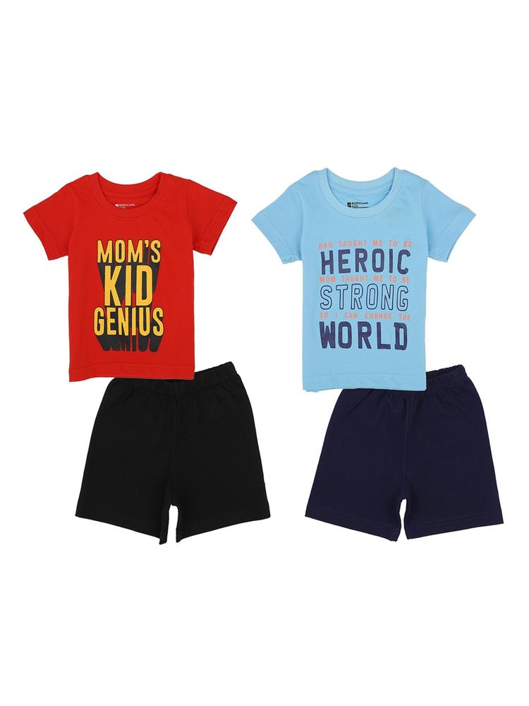 Bodycare Kids Boys Pack Of 2 Blue & Red Printed T-shirt with Shorts