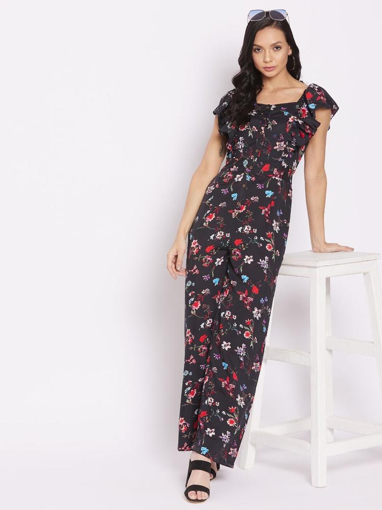 Uptownie Lite Black & Red Floral Printed Basic Jumpsuit with Ruffles