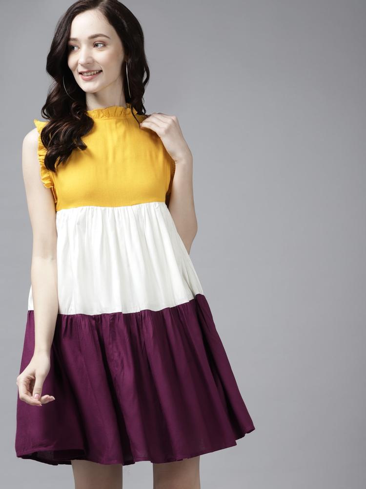 The Dry State Yellow & White Colourblocked Trapeze Dress