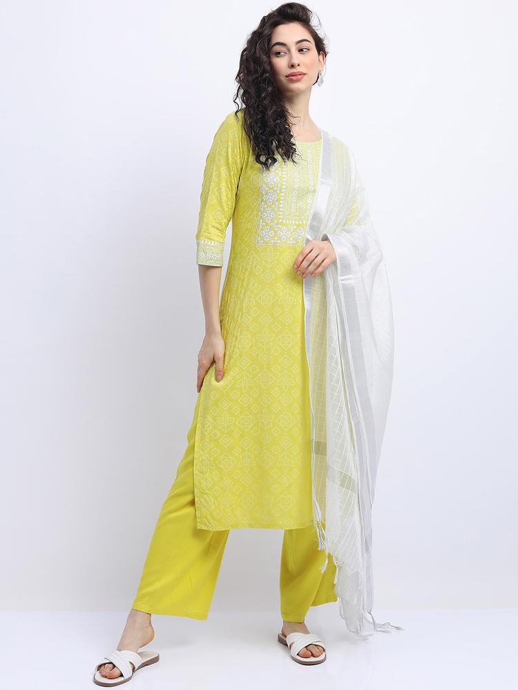 Vishudh Women Yellow Printed Panelled Kurta with Trousers & With Dupatta