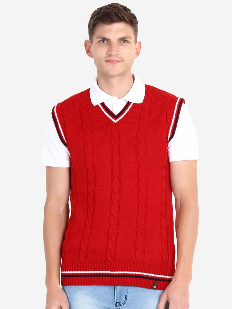 JoE Hazel Men Red Acrylic Self Design Sweater Vest