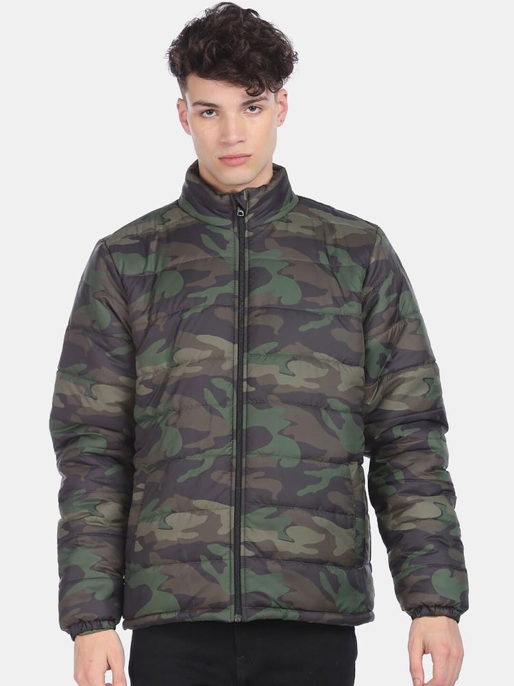 Aeropostale Men Green Brown Camouflage Mock Collar Padded Jacket