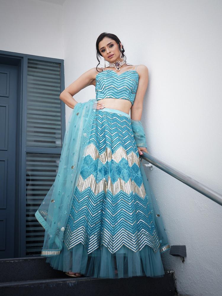 panchhi Sea Green & Gold-Toned Embroidered Sequinned Semi-Stitched Lehenga & Unstitched Blouse With Dupatta