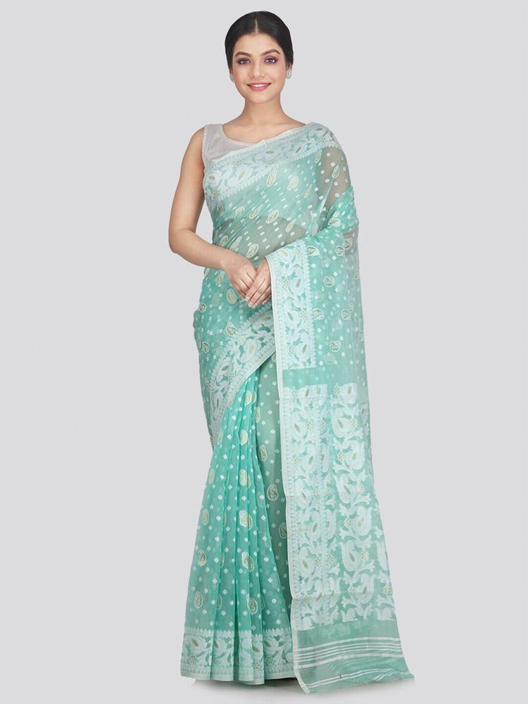 PinkLoom Green Woven Design Pure Cotton Jamdani Saree
