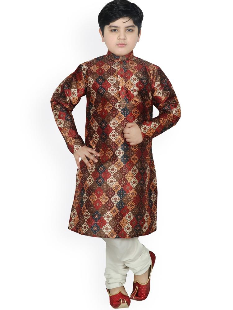 SG YUVRAJ Boys Multicoloured Printed Raw Silk Kurta with Pyjamas