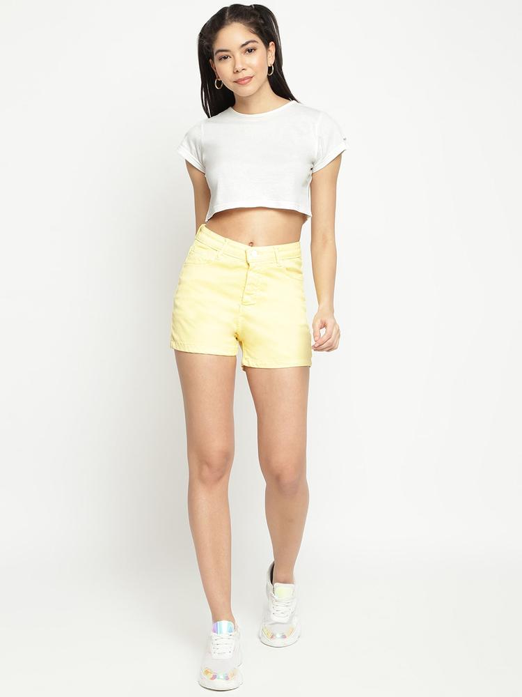 Belliskey Women Yellow High-Rise Denim Outdoor Hot Pants Shorts
