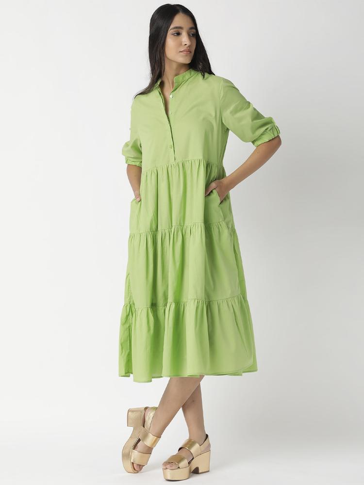 RAREISM Lime Green Pure Cotton A-Line Midi Tiered Dress