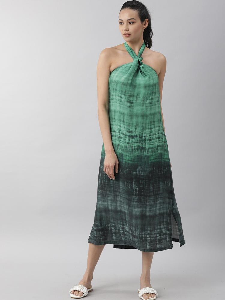 RAREISM Green & Black Tie and Dye Dyed Halter Neck A-Line Midi Dress