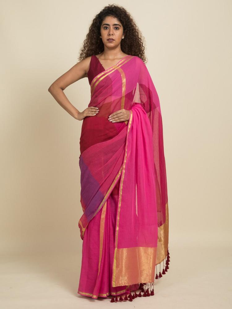 Suta Maroon & Pink Colourblocked Zari Pure Cotton Saree
