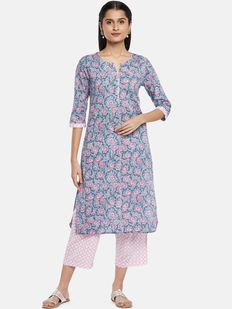 RANGMANCH BY PANTALOONS Women Grey Floral Printed Pure Cotton Kurti with Trousers