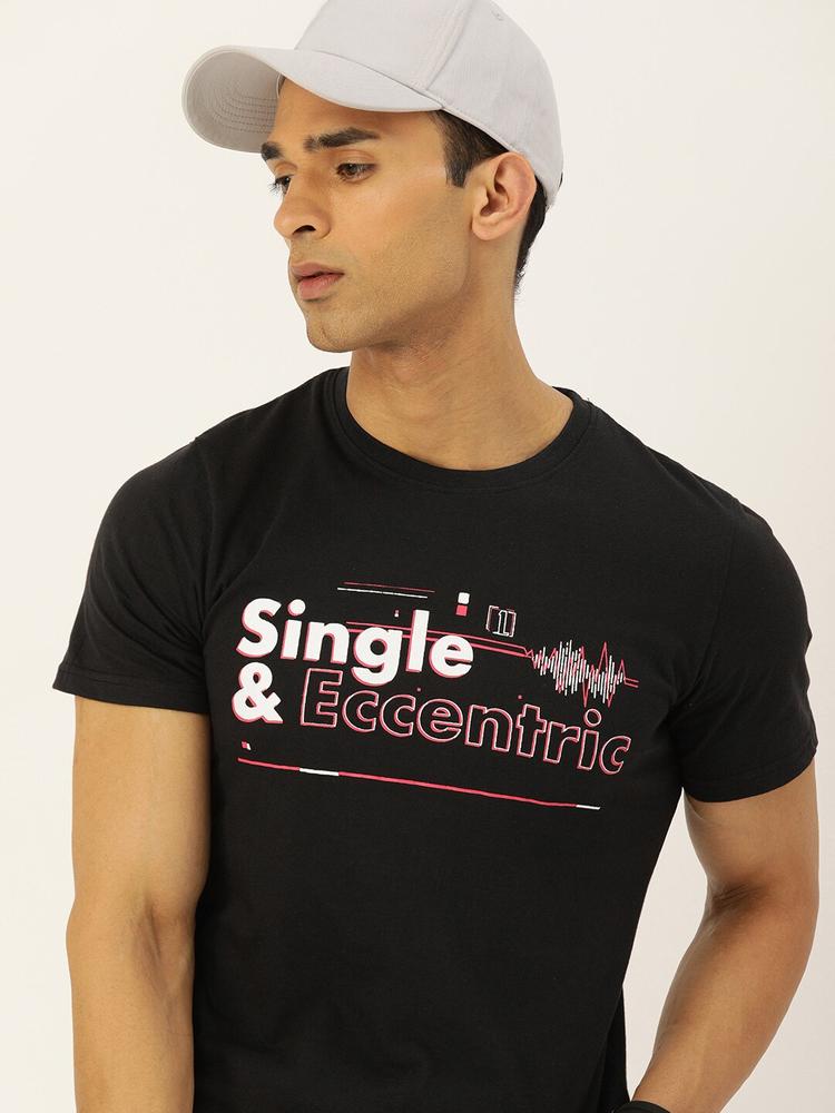 SINGLE Men Black Typography Printed Slim Fit T-shirt