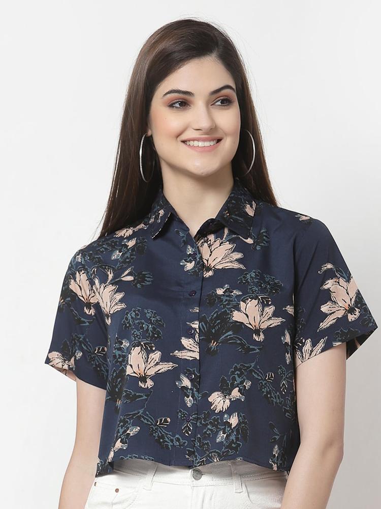 Style Quotient Women Navy Blue Comfort Boxy Floral Printed Casual Shirt