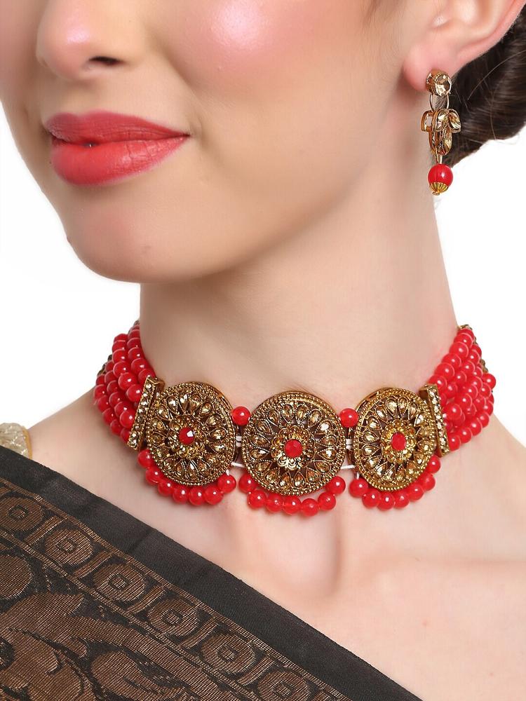 Shining Diva Gold-Plated Beige & Red Kundan-Studded & Beaded Jewellery Set