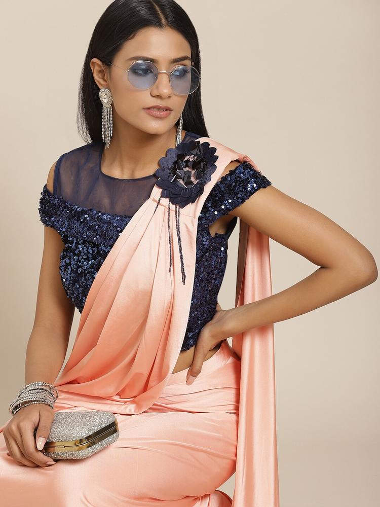 Grancy Peach-Coloured & Navy Blue Solid Sequinned Ready to Wear Saree