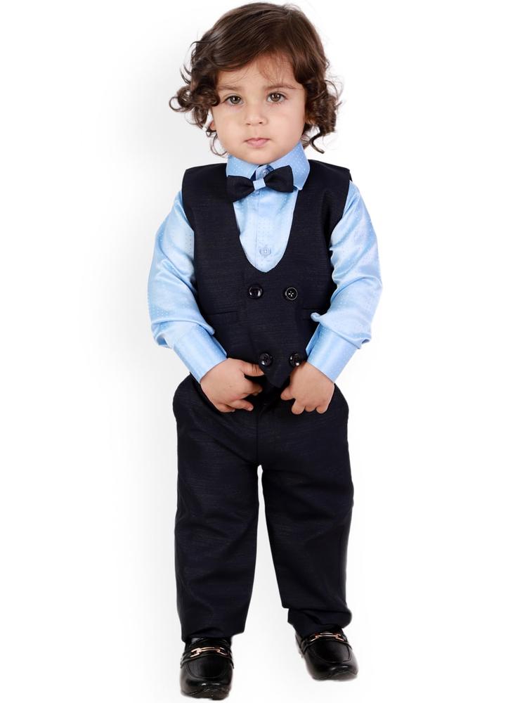 KID1 Boys Navy Blue Self-Design 4-Piece Single-Breasted Partywear Suit