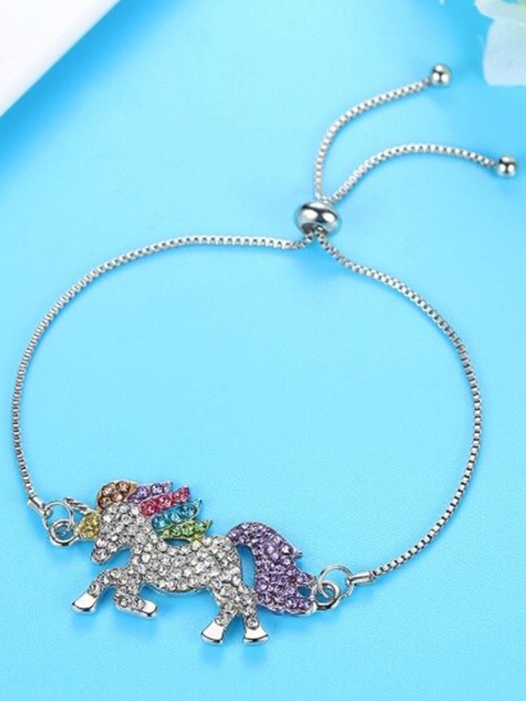 Arendelle Girls Silver-Toned & Purple Unicorn Crystals Charm Bracelet