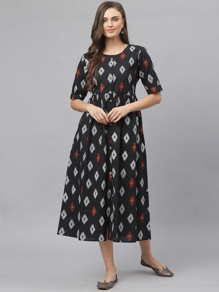 Stylum Black & Grey Ikkat Print Cotton A-Line Midi Dress