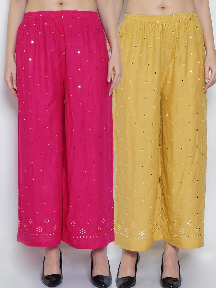 Jinfo Women Pink & Beige Pack of 2 Embellished Flared Knitted Ethnic Palazzos