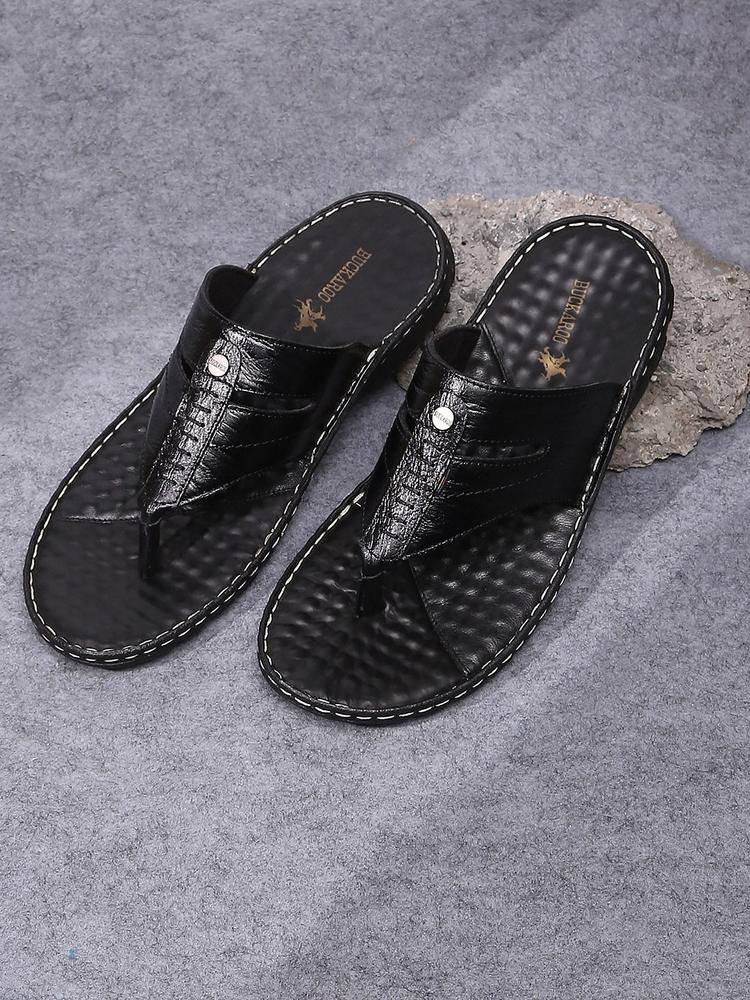 Buckaroo Men Black Textured Genuine Leather Open Sandals