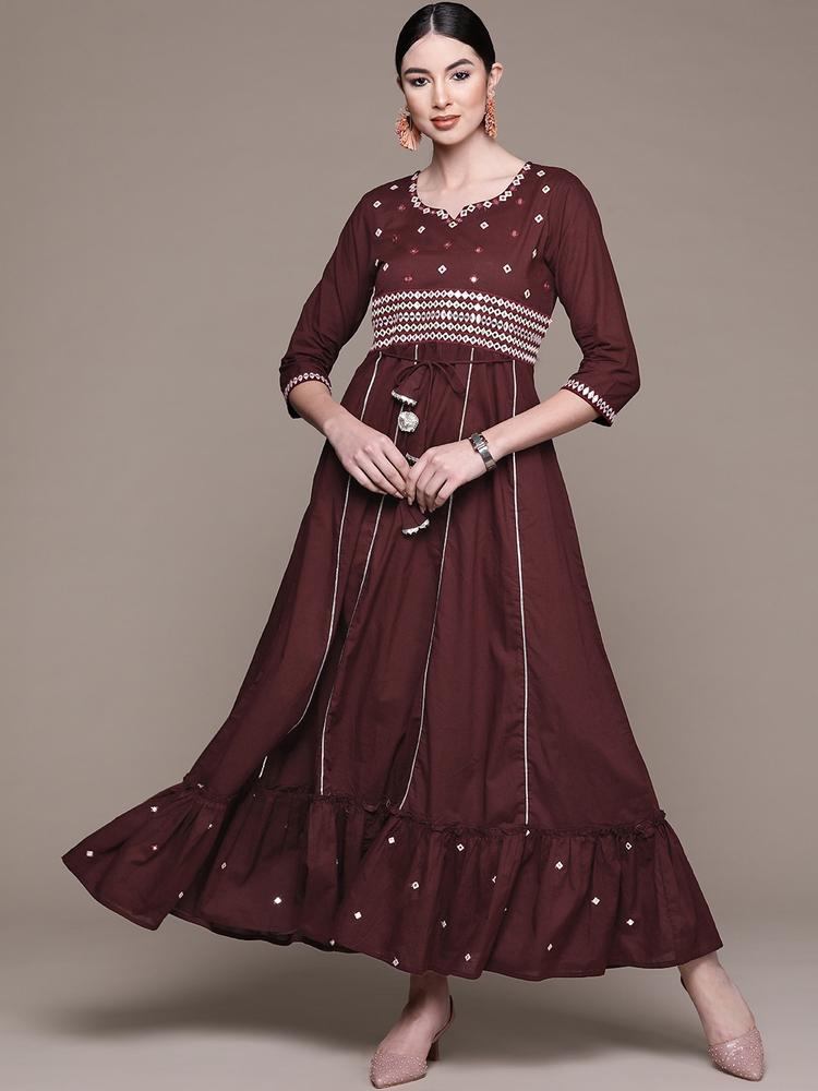 Anubhutee Maroon Embroidered Ethnic Cotton A-Line Maxi Dress
