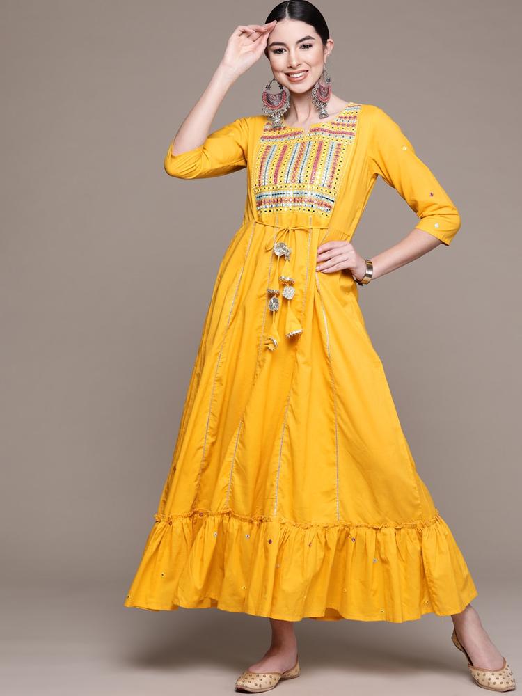 Anubhutee Yellow Embellished Ethnic Cotton A-Line Maxi Dress