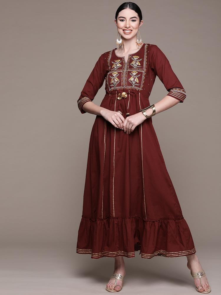 Anubhutee Maroon Floral Embroidered Ethnic Cotton A-Line Maxi Dress