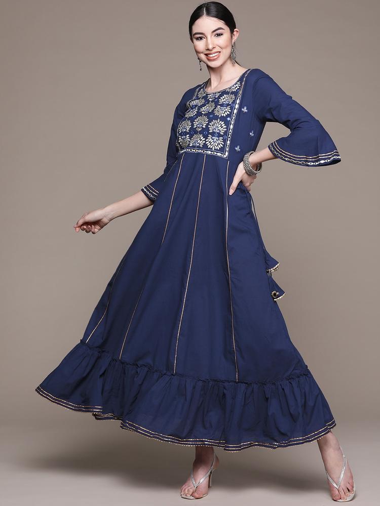 Anubhutee Blue Ethnic Motifs Embroidered Ethnic Cotton A-Line Maxi Dress
