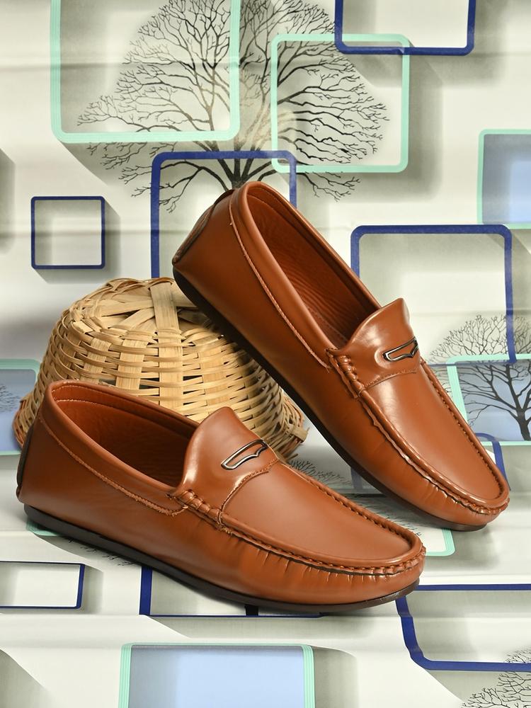 El Paso Men Tan-Brown Solid Formal Slip On Loafers