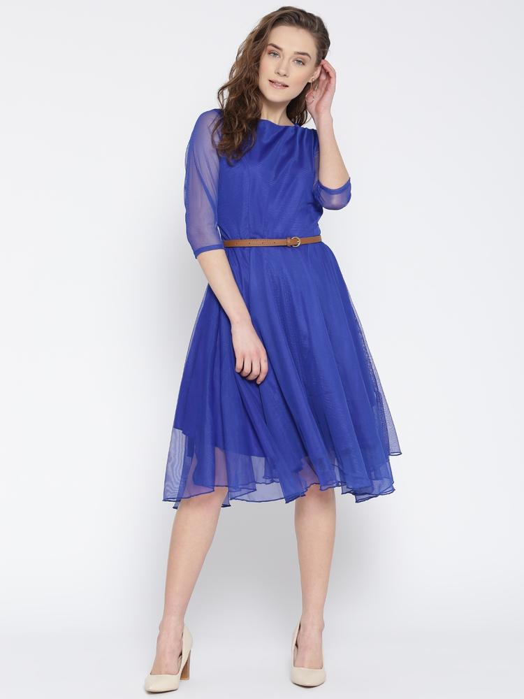 U&F Women Blue Crepe Solid Fit & Flare Dress