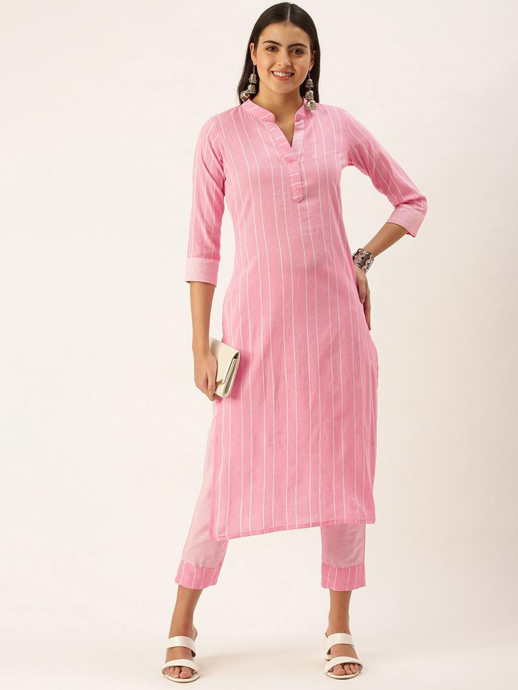 Saanjh Women Pink Striped Pure Cotton Kurta with Trousers